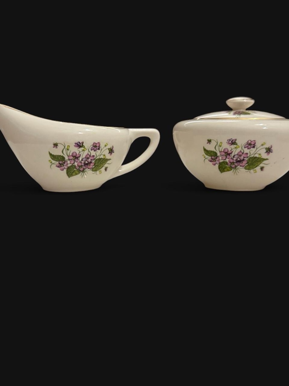 Vtg. Ceramic Sugar Bowl and Creamer Set - White with Purple Flowers